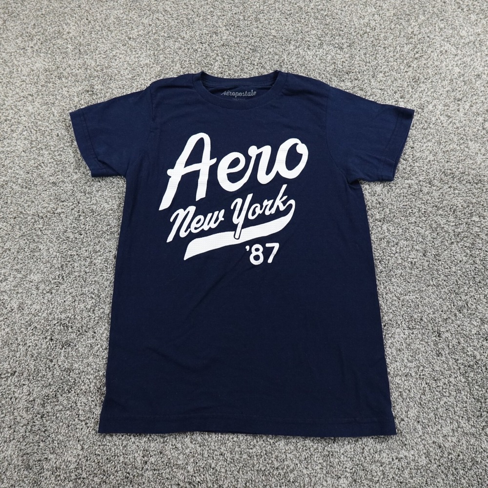 Aeropostale Shirt Mens Small Blue White Aero Spell Out Logo Causal Preppy A87